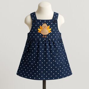 Baby Girl’s Thanksgiving Turkey Dress Navy Blue Polka Dot Jumper Size 12 month